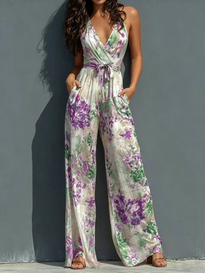 ✨ Looking for a chic jumpsuit? This halter deep V printed style is your perfect pick.