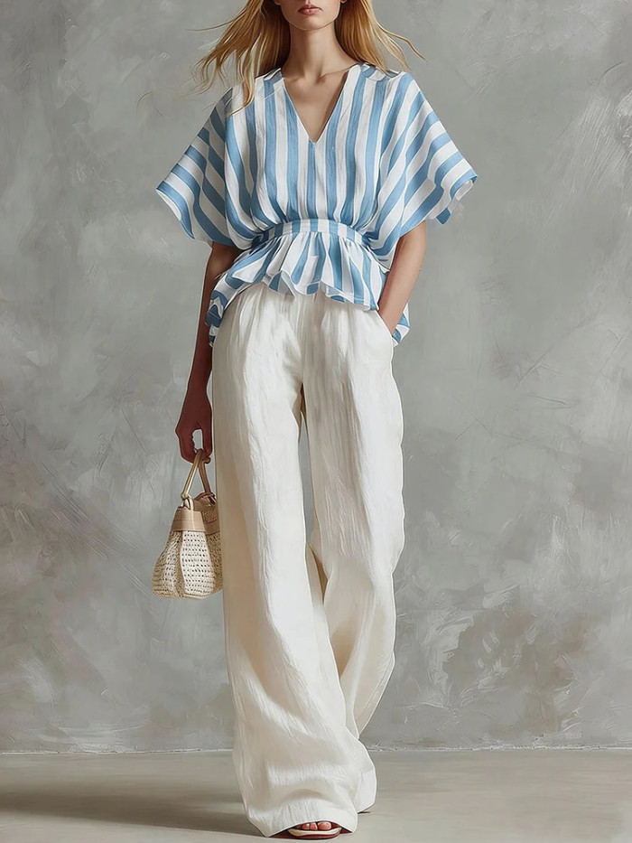 ✨ Looking for a fresh two-piece set? This striped linen top & wide leg pants is your perfect pick.