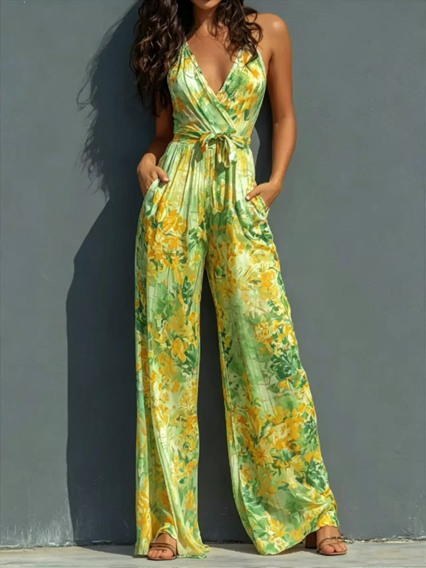 ✨ Looking for a chic jumpsuit? This halter deep V printed style is your perfect pick.