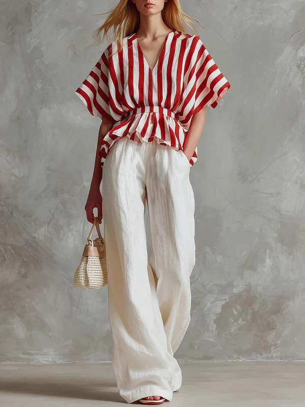 ✨ Looking for a fresh two-piece set? This striped linen top & wide leg pants is your perfect pick.