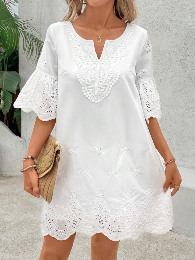 🌸Spring Summer Casual Lace Dress | Elegant V-Neck Cap Sleeve Hollow Embroidery Style🤍