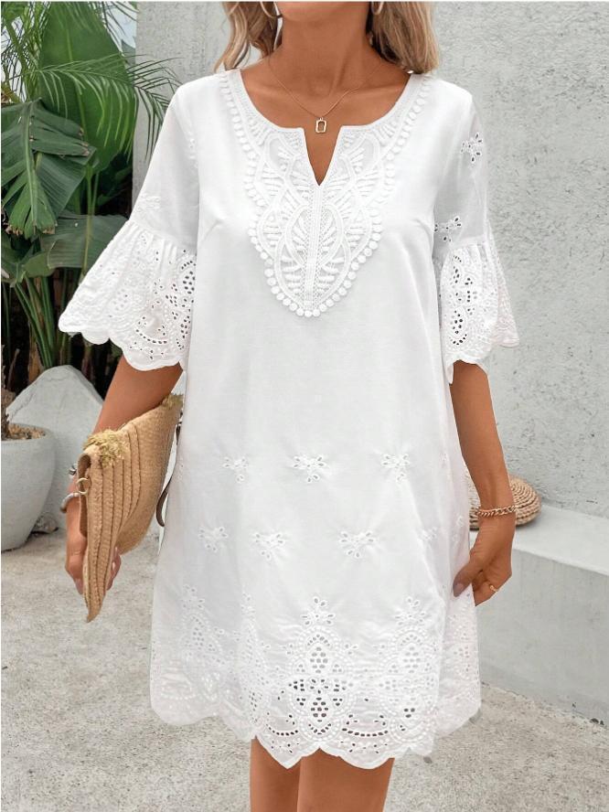 🌸Spring Summer Casual Lace Dress | Elegant V-Neck Cap Sleeve Hollow Embroidery Style🤍