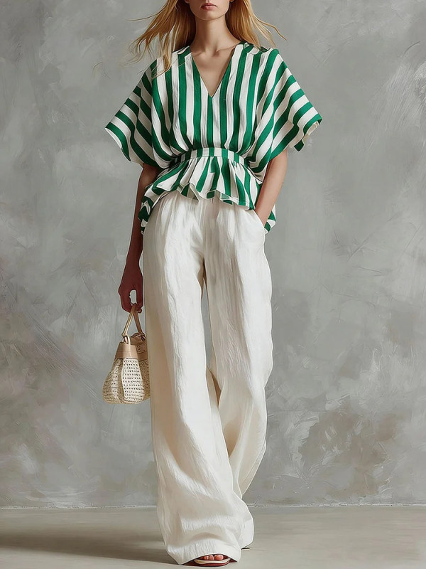 ✨ Looking for a fresh two-piece set? This striped linen top & wide leg pants is your perfect pick.