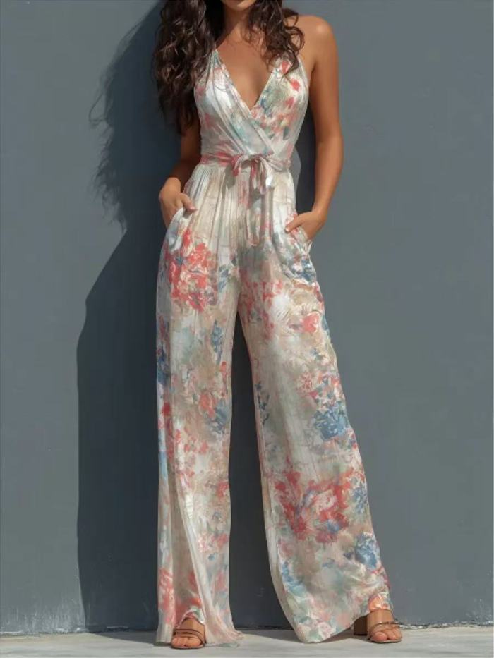 ✨ Looking for a chic jumpsuit? This halter deep V printed style is your perfect pick.
