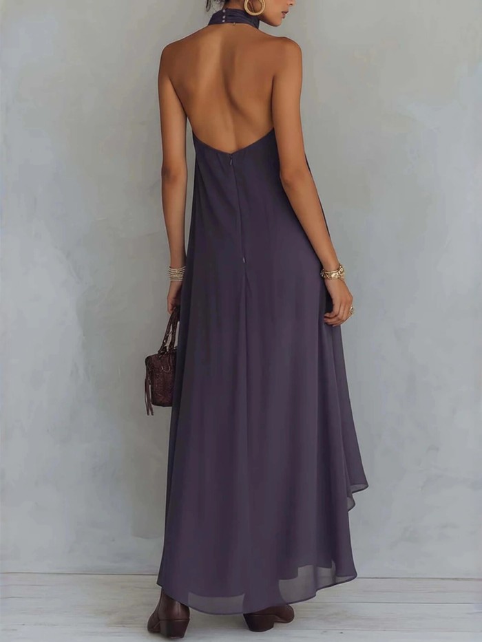 💜Elegant Ruffle Halter Maxi Dress | Purple Printed Long Dress for Dating & Trip🌿