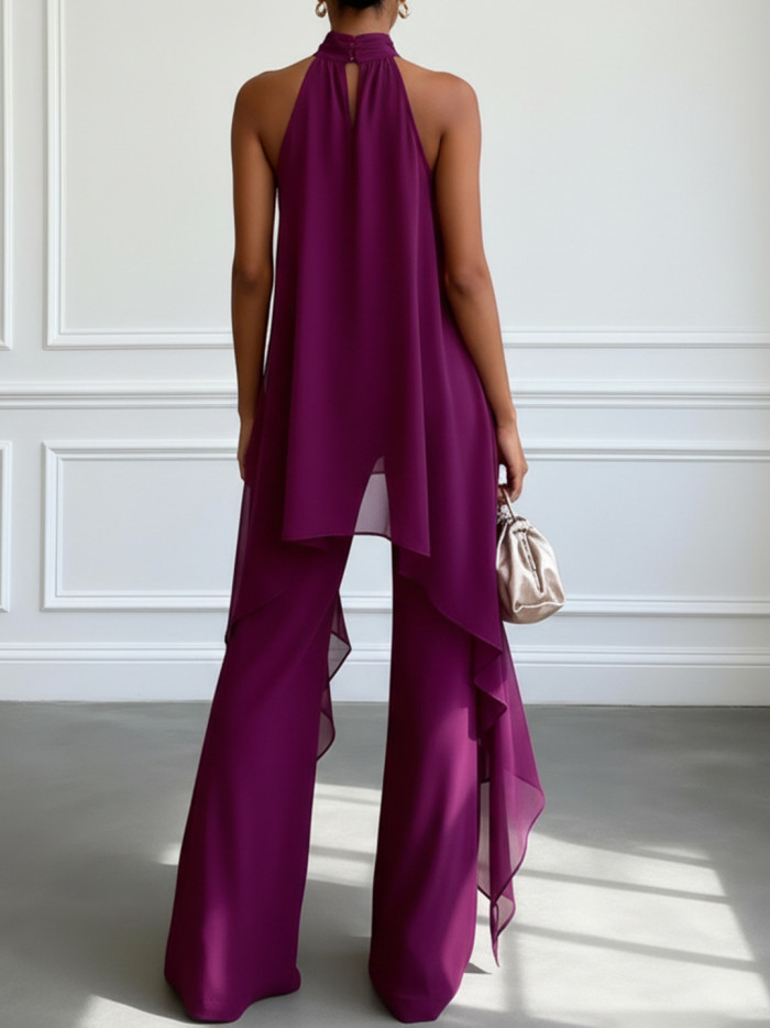 🤍Halter Chiffon 2 Piece Set | Asymmetrical Top Wide Leg Pants Office Party Outfit✨