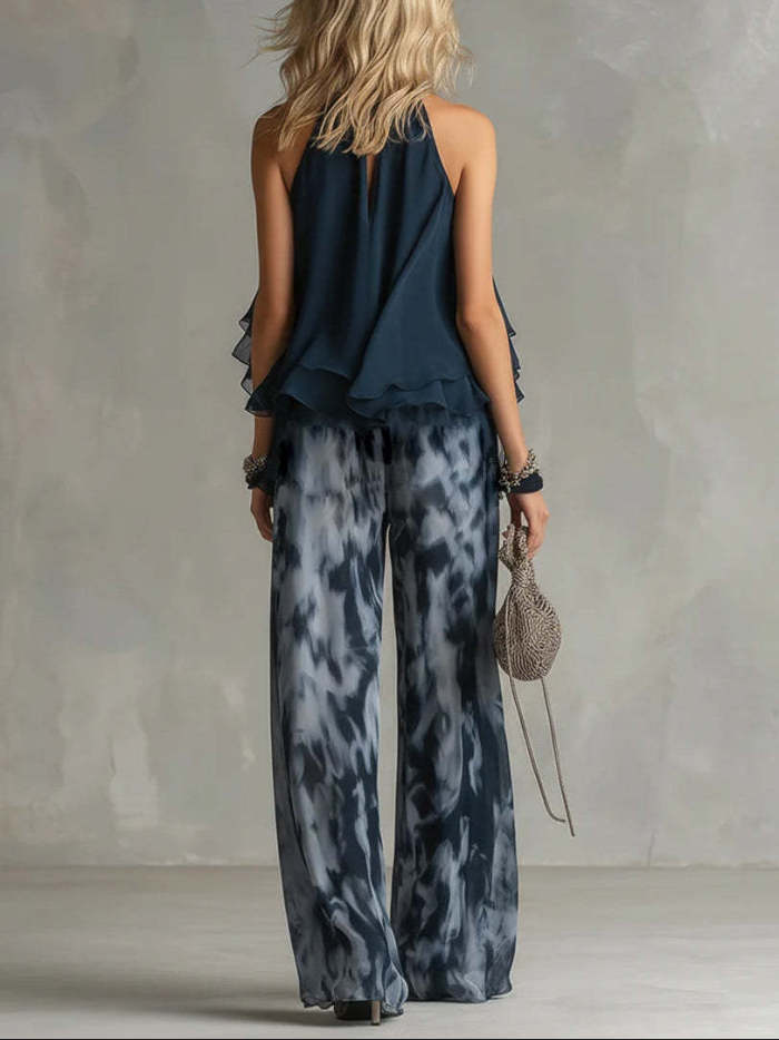 ✨Navy Blue Halter Chiffon Two Piece | Printed Wide Leg Pants Casual Summer Look🌿