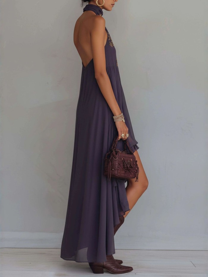 💜Elegant Ruffle Halter Maxi Dress | Purple Printed Long Dress for Dating & Trip🌿