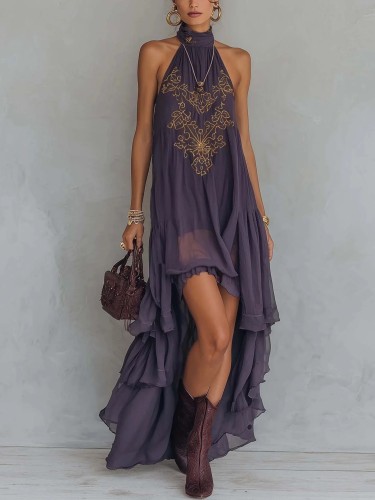 💜Elegant Ruffle Halter Maxi Dress | Purple Printed Long Dress for Dating & Trip🌿