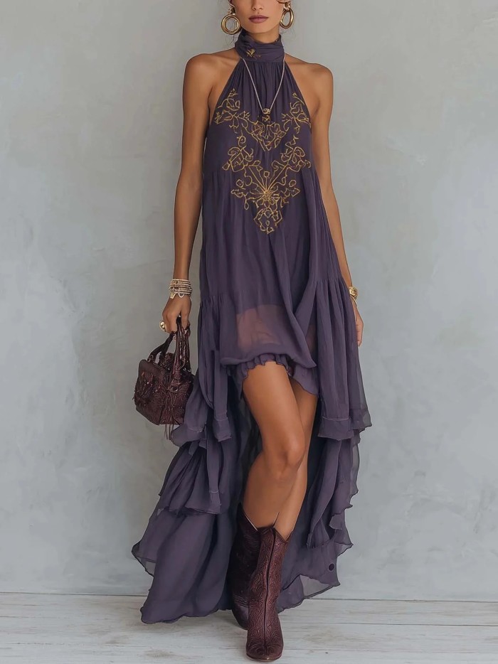 💜Elegant Ruffle Halter Maxi Dress | Purple Printed Long Dress for Dating & Trip🌿
