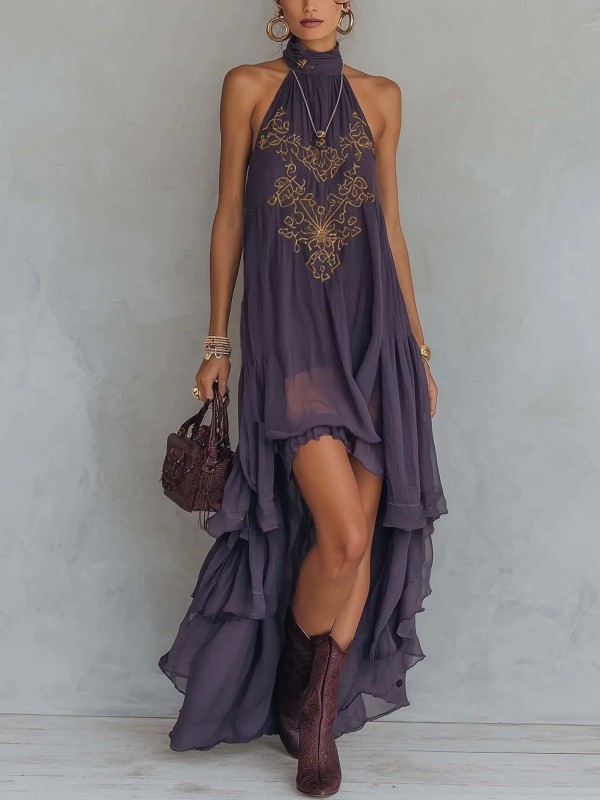 💜Elegant Ruffle Halter Maxi Dress | Purple Printed Long Dress for Dating & Trip🌿