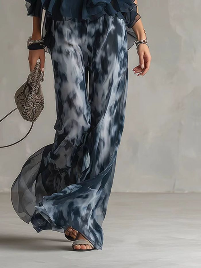✨Navy Blue Halter Chiffon Two Piece | Printed Wide Leg Pants Casual Summer Look🌿
