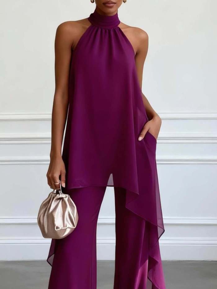 🤍Halter Chiffon 2 Piece Set | Asymmetrical Top Wide Leg Pants Office Party Outfit✨