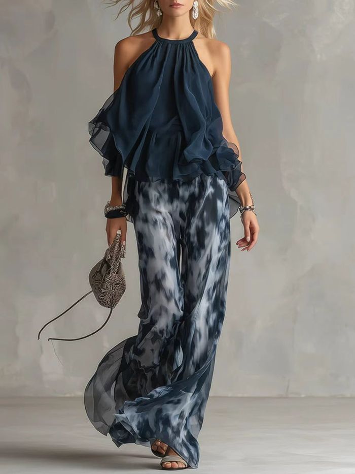 ✨Navy Blue Halter Chiffon Two Piece | Printed Wide Leg Pants Casual Summer Look🌿