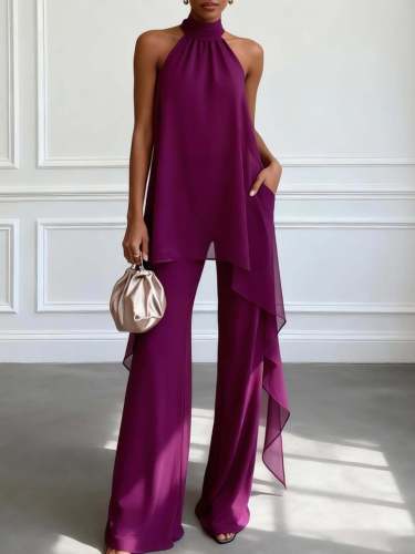 🤍Halter Chiffon 2 Piece Set | Asymmetrical Top Wide Leg Pants Office Party Outfit✨