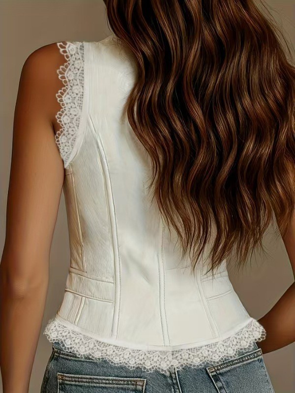 🖤Elegant Single Breasted PU Vest | Deep V Lace Patchwork Sleeveless Coat🌙