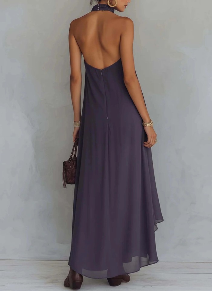 💜Elegant Ruffle Halter Maxi Dress | Purple Printed Long Dress for Dating & Trip🌿