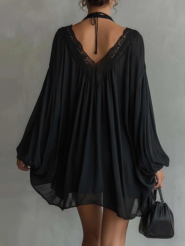 🌊Lace Trim Deep V Chiffon Dress | Flare Sleeve Halter Beach Coverup🖤