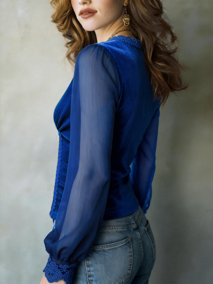🤎Elegant Velvet Pullover | Deep V Sheer Mesh Long Sleeve Women’s Blouse✨