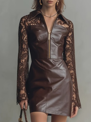 ✨Vintage Slim PU Dress | Shirt Collar Half Zip Lace Long Sleeve Daily Wear🤎