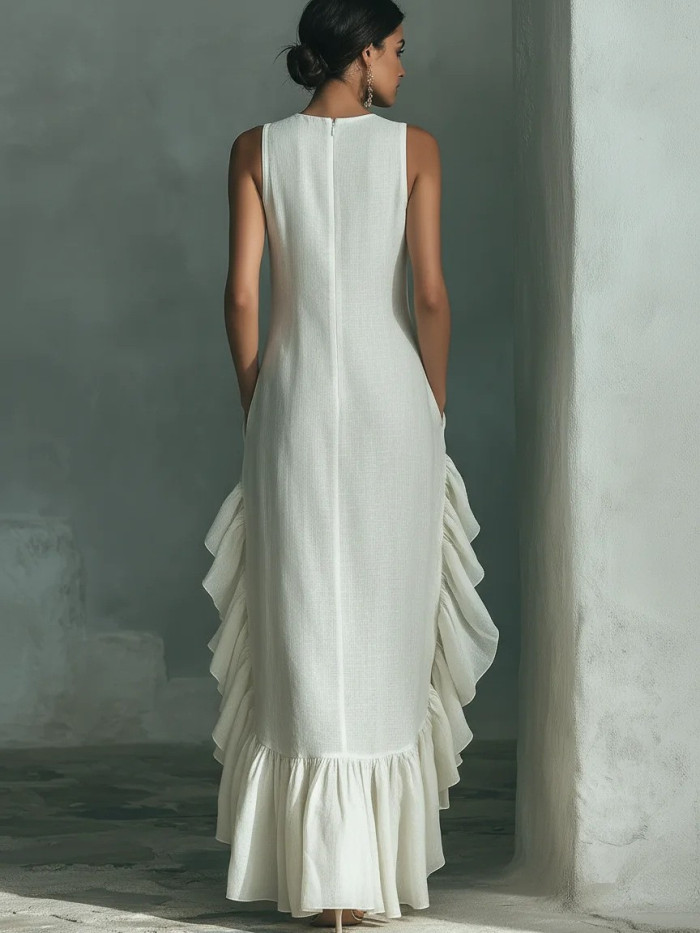 🤎Retro Solid Tank Maxi Dress | O-Neck Ruffle Hem Summer Beach Sundress✨