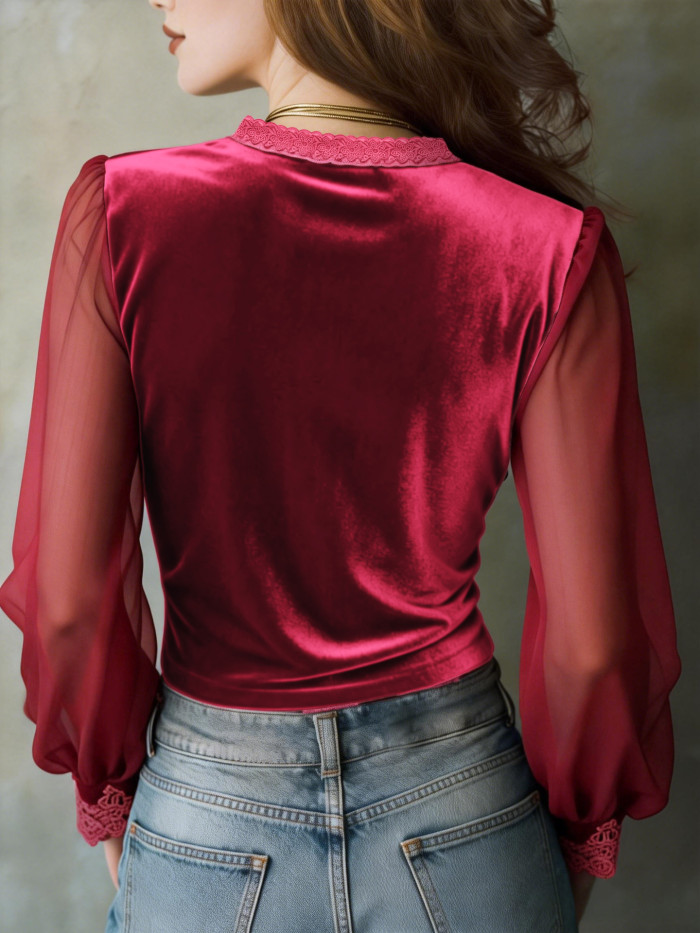 🤎Elegant Velvet Pullover | Deep V Sheer Mesh Long Sleeve Women’s Blouse✨