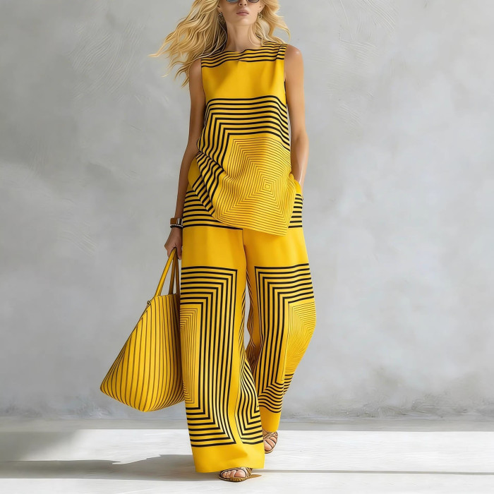 🤎Striped Two Piece Suit | Asymmetrical Hem O-Neck Vest & Wide Leg Pants✨