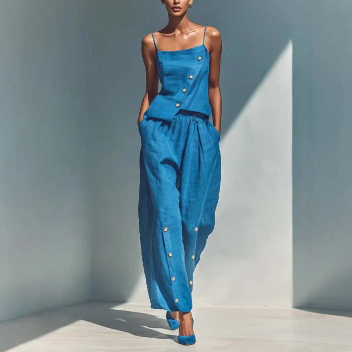 🌿Summer Street Two Piece Outfit | Asymmetry Cami Top Wide Leg Pants Set🤍