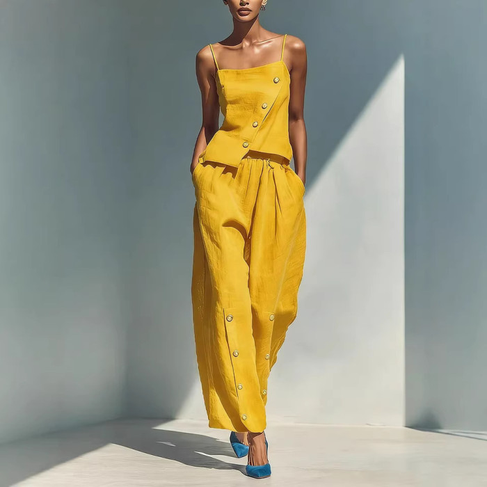 🌿Summer Street Two Piece Outfit | Asymmetry Cami Top Wide Leg Pants Set🤍