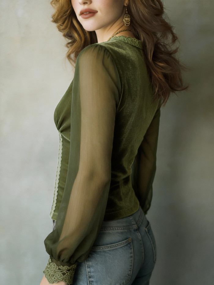 🤎Elegant Velvet Pullover | Deep V Sheer Mesh Long Sleeve Women’s Blouse✨
