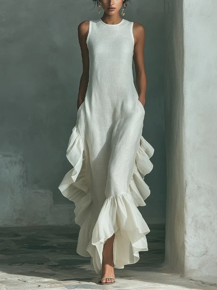 🤎Retro Solid Tank Maxi Dress | O-Neck Ruffle Hem Summer Beach Sundress✨