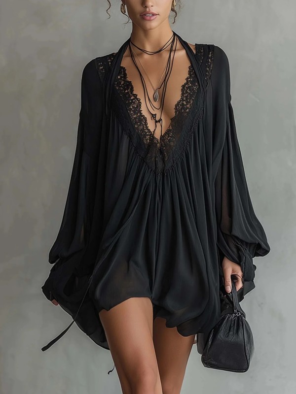 🌊Lace Trim Deep V Chiffon Dress | Flare Sleeve Halter Beach Coverup🖤