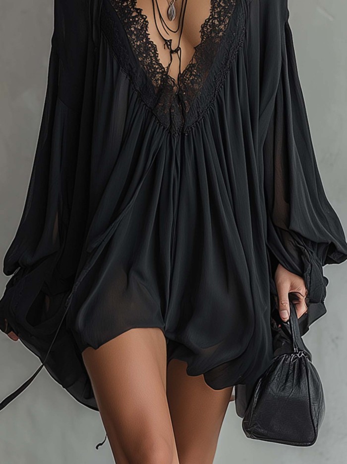 🌊Lace Trim Deep V Chiffon Dress | Flare Sleeve Halter Beach Coverup🖤