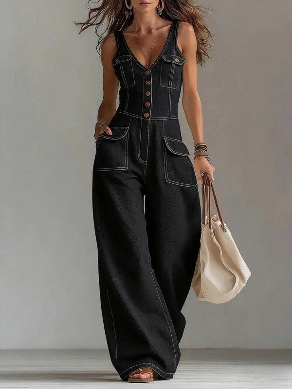 🤍Denim Suspender Jumpsuit | Sleeveless Straight Leg Party Street Outfit✨