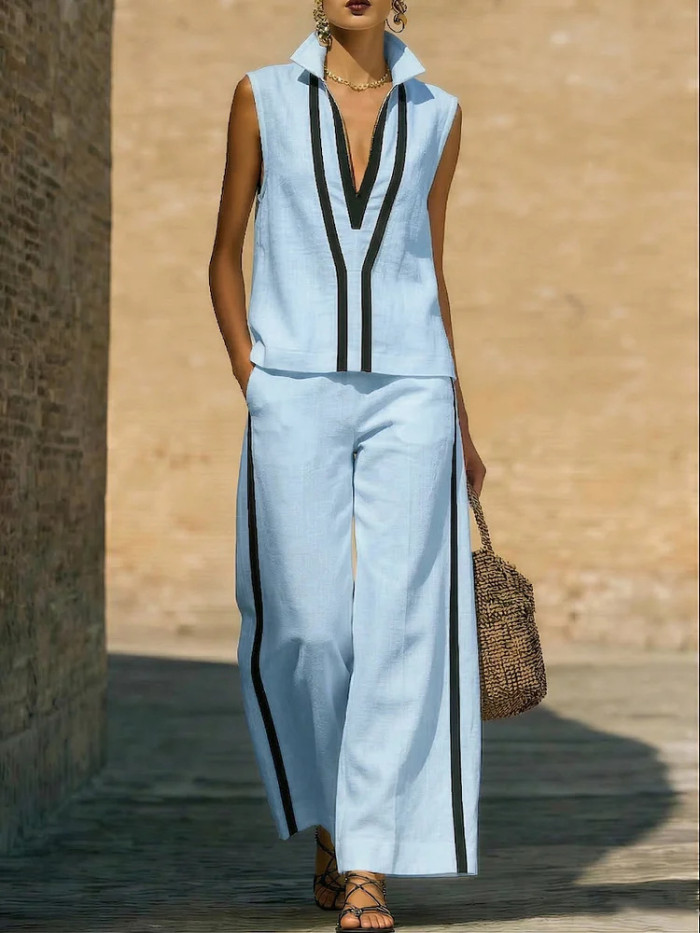 🌼Summer Women Two Piece Outfit | Deep V Lapel Solid Shirt Wide Leg Pants Set🤍
