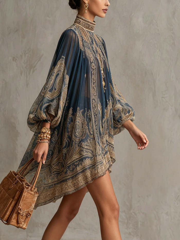 🤎Turtleneck Printed Chiffon Dress | Long Sleeve Shawl Loose European Vacation Outfit✨