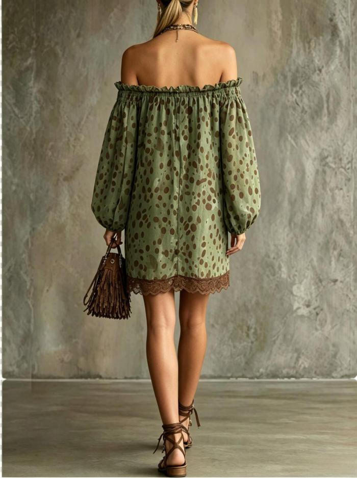 🤍Polka Dot Off Shoulder Mini Dress | Puff Sleeve Lace Hem Cocktail Outfit✨