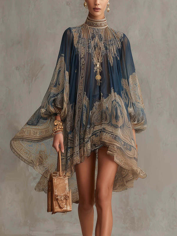 🤎Turtleneck Printed Chiffon Dress | Long Sleeve Shawl Loose European Vacation Outfit✨