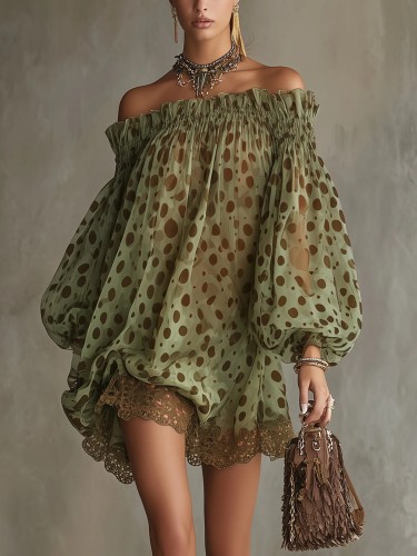 🤍Polka Dot Off Shoulder Mini Dress | Puff Sleeve Lace Hem Cocktail Outfit✨