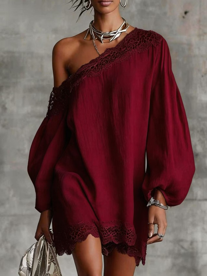 🤍Lace Trim Off Shoulder Mini Dress | Long Puff Sleeve Date Evening Outfit✨