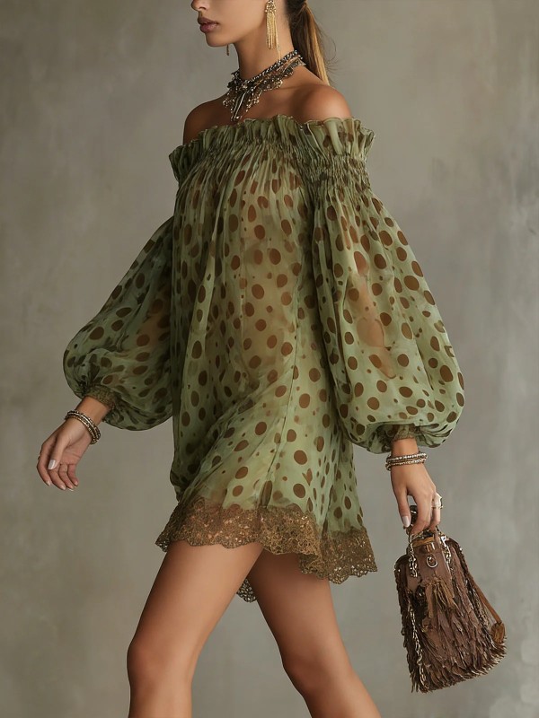 🤍Polka Dot Off Shoulder Mini Dress | Puff Sleeve Lace Hem Cocktail Outfit✨