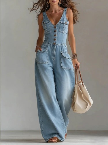 🤍Denim Suspender Jumpsuit | Sleeveless Straight Leg Party Street Outfit✨