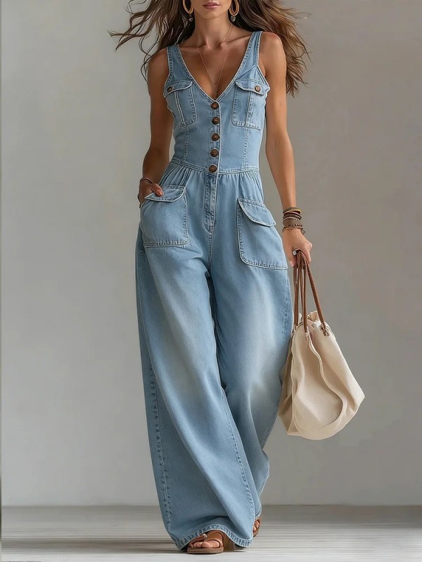 🤍Denim Suspender Jumpsuit | Sleeveless Straight Leg Party Street Outfit✨