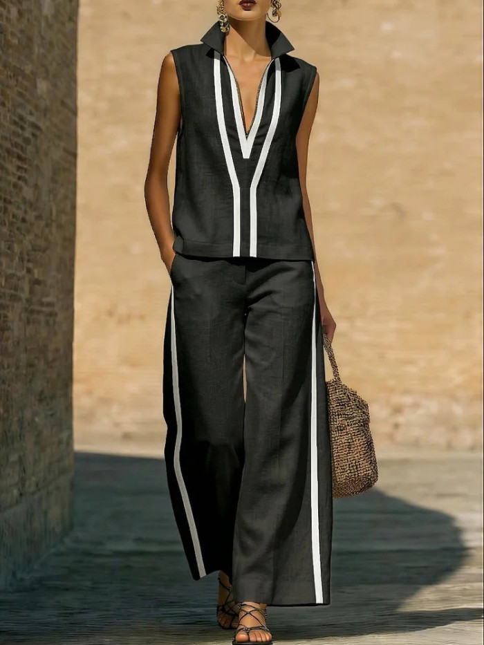 🌼Summer Women Two Piece Outfit | Deep V Lapel Solid Shirt Wide Leg Pants Set🤍