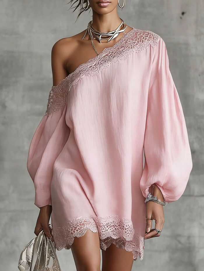 🤍Lace Trim Off Shoulder Mini Dress | Long Puff Sleeve Date Evening Outfit✨