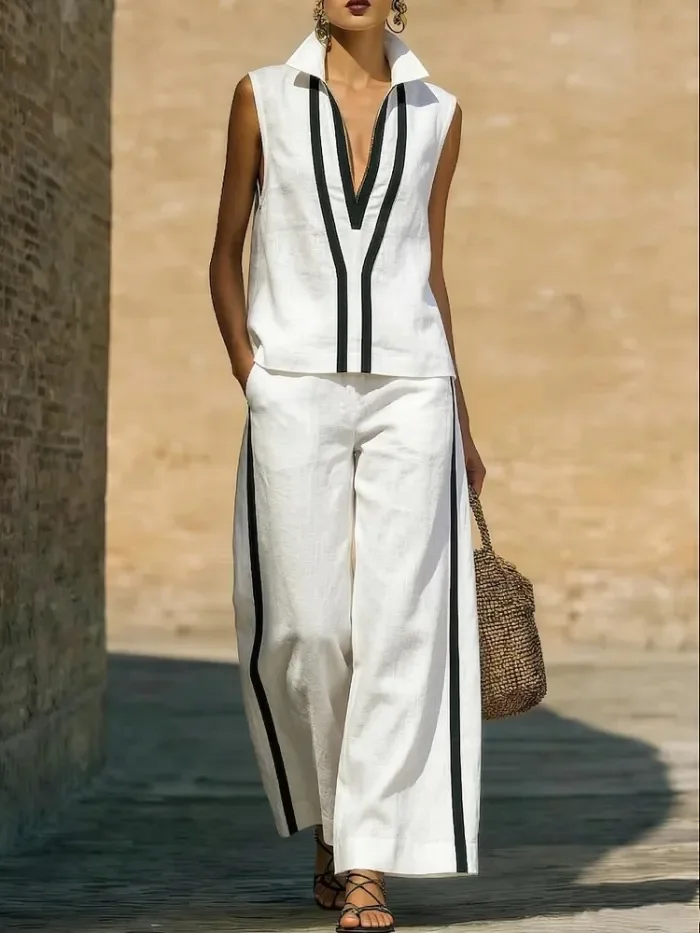 🌼Summer Women Two Piece Outfit | Deep V Lapel Solid Shirt Wide Leg Pants Set🤍