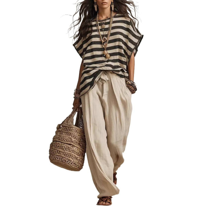 🌼Casual Striped Two Piece Outfit | Short Sleeve Top Wide Leg Pants Set🤍