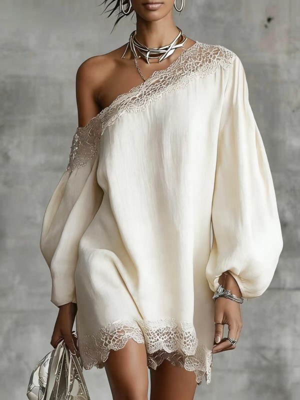🤍Lace Trim Off Shoulder Mini Dress | Long Puff Sleeve Date Evening Outfit✨