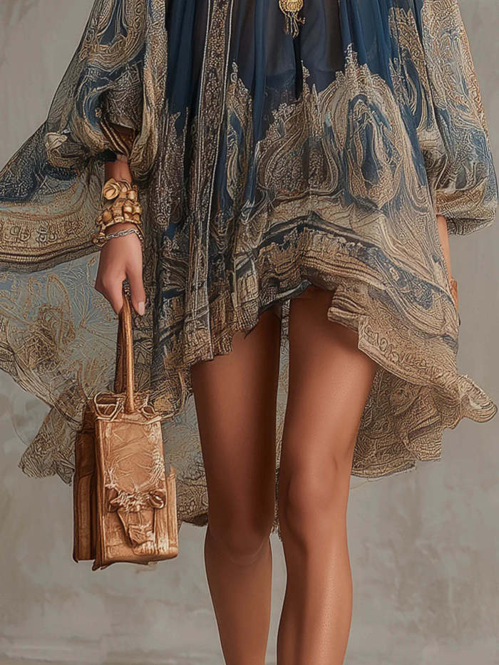 🤎Turtleneck Printed Chiffon Dress | Long Sleeve Shawl Loose European Vacation Outfit✨