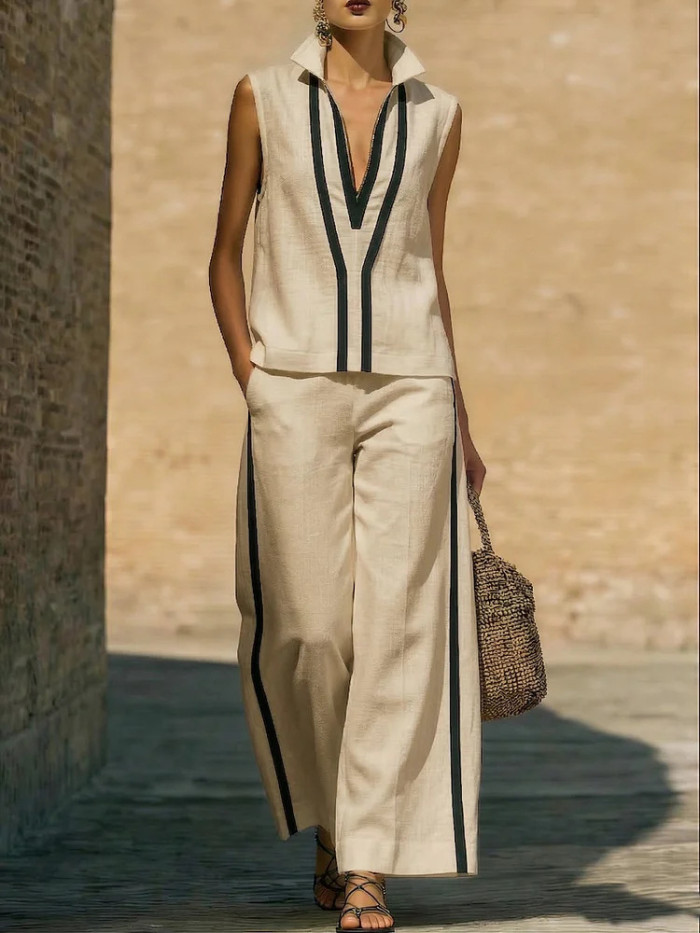 🌼Summer Women Two Piece Outfit | Deep V Lapel Solid Shirt Wide Leg Pants Set🤍